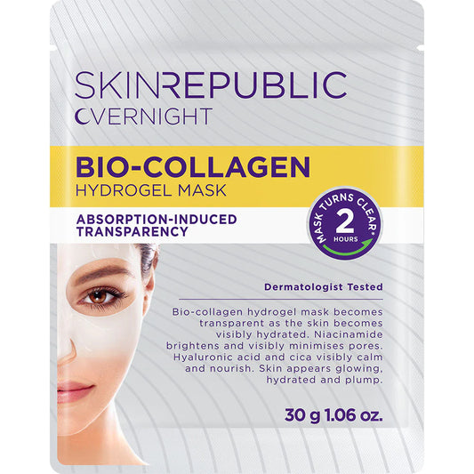 Skin Republic Bio-Collagen Hydrogel Mask packaging with a woman's face on it.