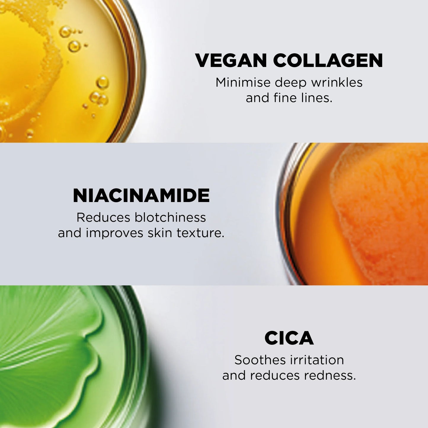 Vegan collagen, niacinamide, and CICA ingredients with text describing their benefits on a white background. Bio-Collagen_Hydrogel_Face_Mask_