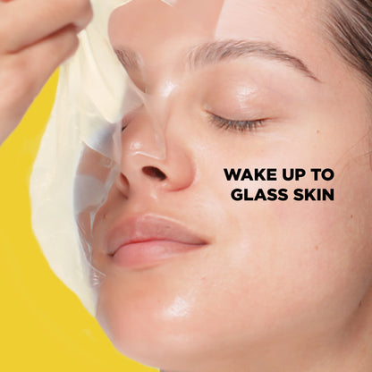 Close-up of a person applying a skincare product with text 'Wake Up to Glass Skin' on a yellow background. Bio-Collagen_Hydrogel_Face_Mask_