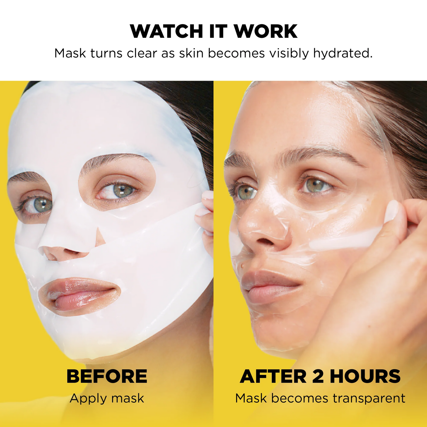 Before and after showing a face mask application process on a yellow background. Bio-Collagen_Hydrogel_Face_Mask_
