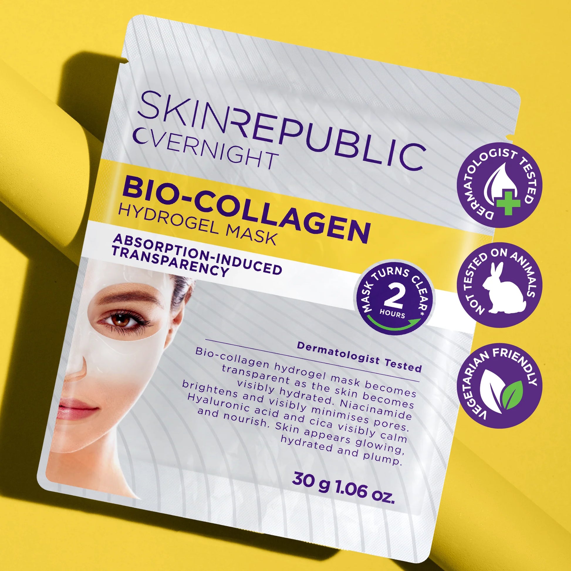 Skin Republic Bio-Collagen Hydrogel Mask packaging on a yellow background