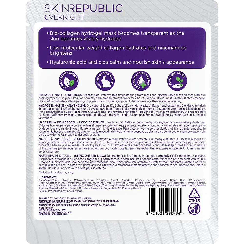 Back of a Skin Republic overnight bio-collagen hydrogel mask packaging with text and icons. Bio-Collagen_Hydrogel_Face_Mask_
