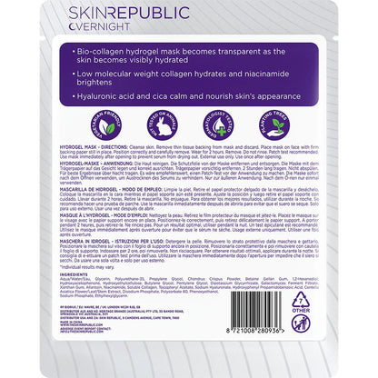 Back of a Skin Republic overnight bio-collagen hydrogel mask packaging with text and icons. Bio-Collagen_Hydrogel_Face_Mask_