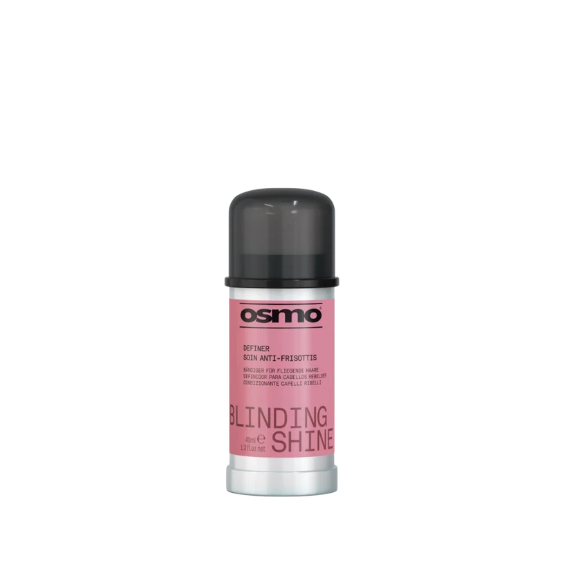 A single bottle of Osmo Definer Skin Anti-Frizzette in the 'Blinding Shine' variant, featuring a pink label and a dark gray cap, set against a plain white background.