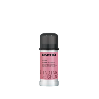 A single bottle of Osmo Definer Skin Anti-Frizzette in the 'Blinding Shine' variant, featuring a pink label and a dark gray cap, set against a plain white background.