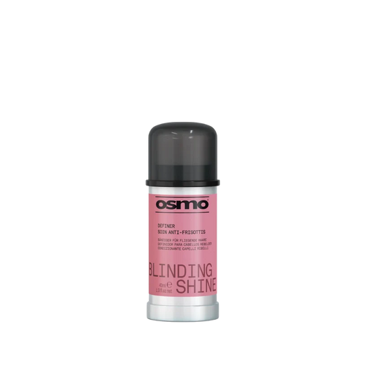 A single bottle of Osmo Definer Skin Anti-Frizzette in the 'Blinding Shine' variant, featuring a pink label and a dark gray cap, set against a plain white background.