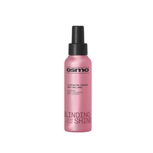 A bottle of Osmo Blinding Shine Illuminating Finishing Spray in a metallic pink bottle with a black spray nozzle, centered on a plain white background.