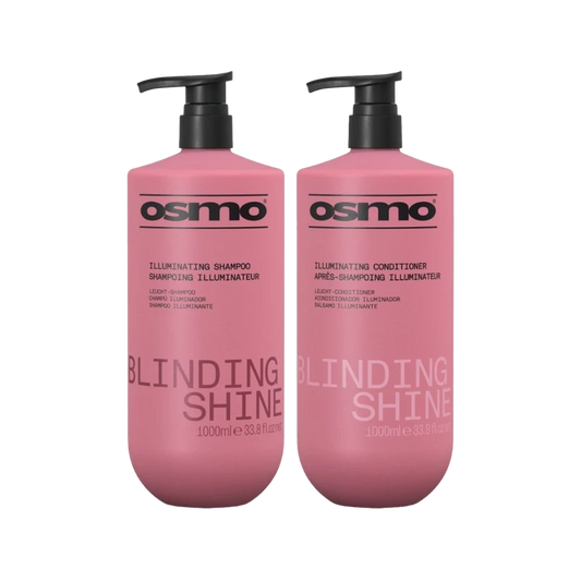 Two pink Osmo bottles on a white background: Blinding Shine Illuminating Shampoo and Blinding Shine Illuminating Conditioner, both with black pump dispensers.