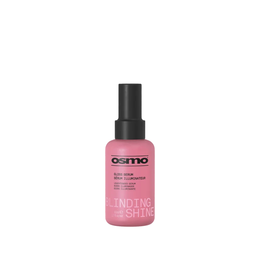 A pink bottle of Osmo Blinding Shine Glaze Serum with a black spray cap, centered on a plain white background.