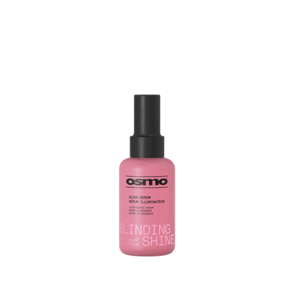 A pink bottle of Osmo Blinding Shine Glaze Serum with a black spray cap, centered on a plain white background.