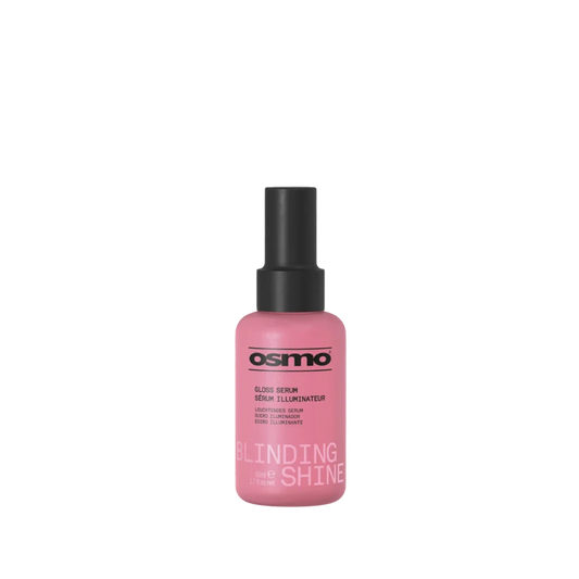 A pink bottle of Osmo Blinding Shine Glaze Serum with a black spray cap, centered on a plain white background.