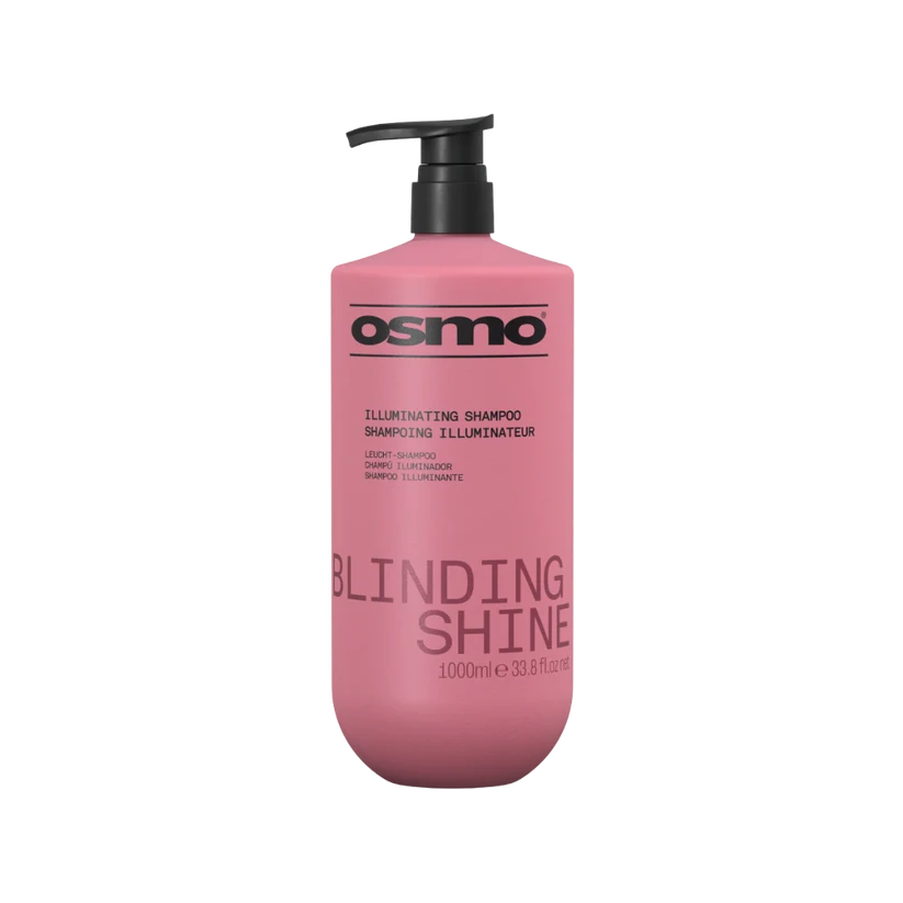 A pink bottle of Osmo Blinding Shine Illuminating Shampoo with a black pump dispenser, shown on a plain white background.