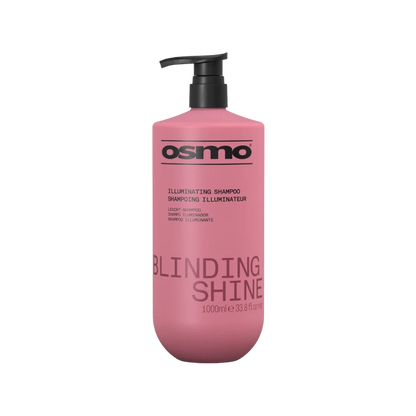 A pink bottle of Osmo Blinding Shine Illuminating Shampoo with a black pump dispenser, shown on a plain white background.