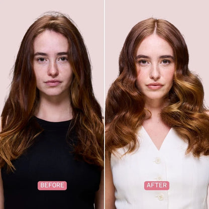 Before and after comparison of a woman with styled hair on a pink background
