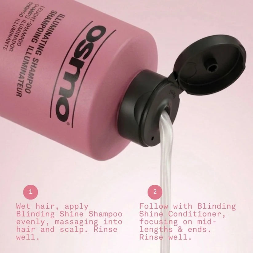 Osmo shampoo bottle being poured with instructions on a pink background