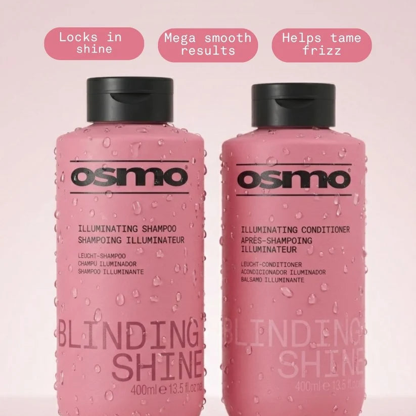 Two pink bottles of Osmo Illuminating Shampoo and Conditioner on a light pink background.