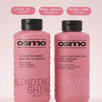 Two pink bottles of Osmo Illuminating Shampoo and Conditioner on a light pink background.