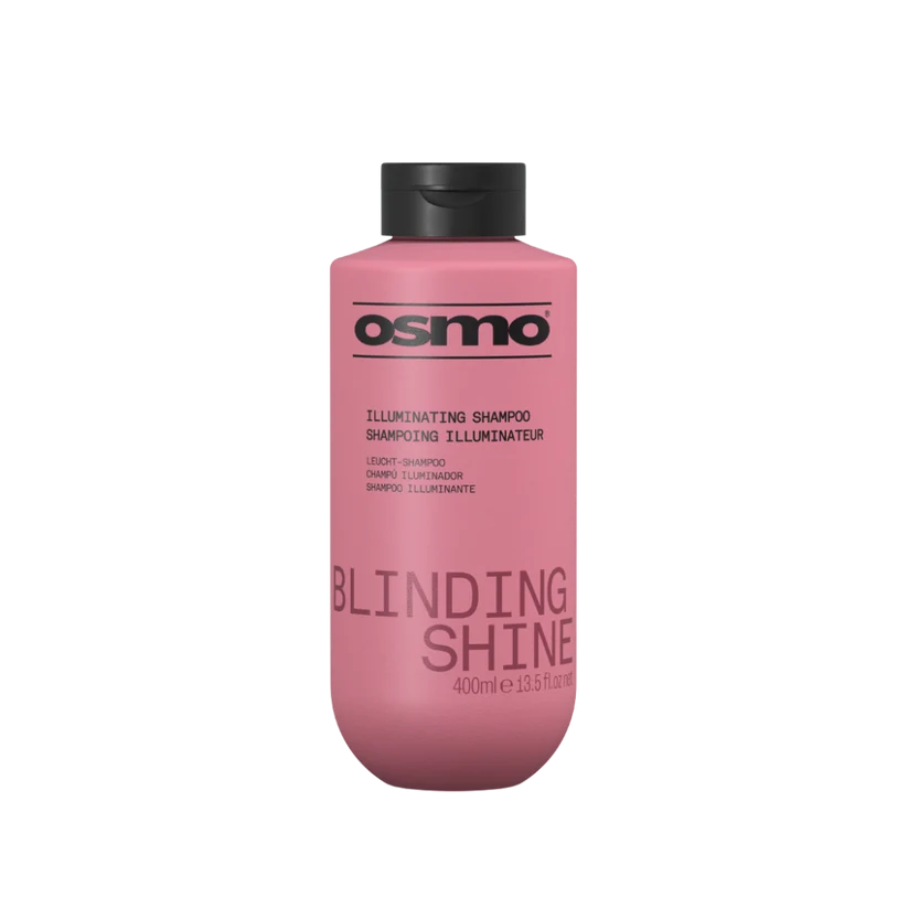 A 400ml bottle of Osmo Illuminating Shampoo in 'Blinding Shine' light shampoo, featuring a matte pink bottle and a black cap on a solid white background.
