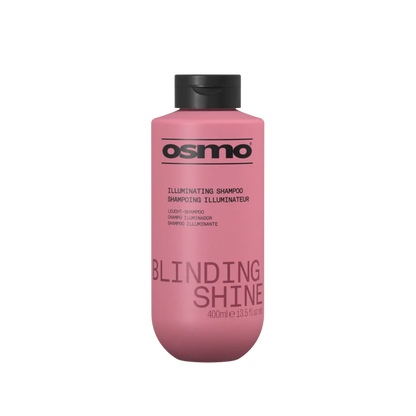 A 400ml bottle of Osmo Illuminating Shampoo in 'Blinding Shine' light shampoo, featuring a matte pink bottle and a black cap on a solid white background.