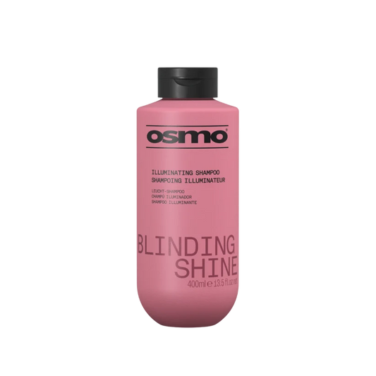 A 400ml bottle of Osmo Illuminating Shampoo in 'Blinding Shine' light shampoo, featuring a matte pink bottle and a black cap on a solid white background.