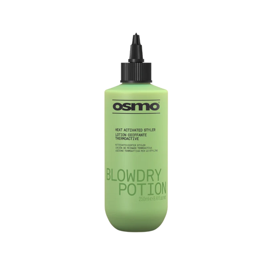 Green bottle of Osmo Blowdry Potion on a white background