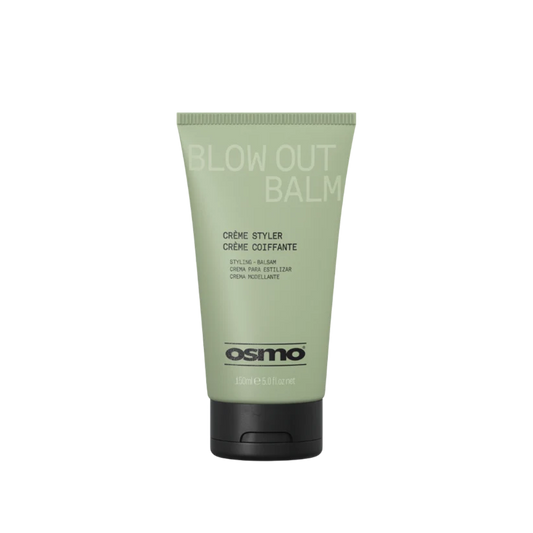 A tube of Osmo Blow Out Balm hair styling cream in a sage green color with a black cap, shown on a plain white background.