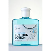 A bottle of Pashana Blue Orchid Friction Lotion with a white cap, primarily blue in color, with text and decorative elements on the label.