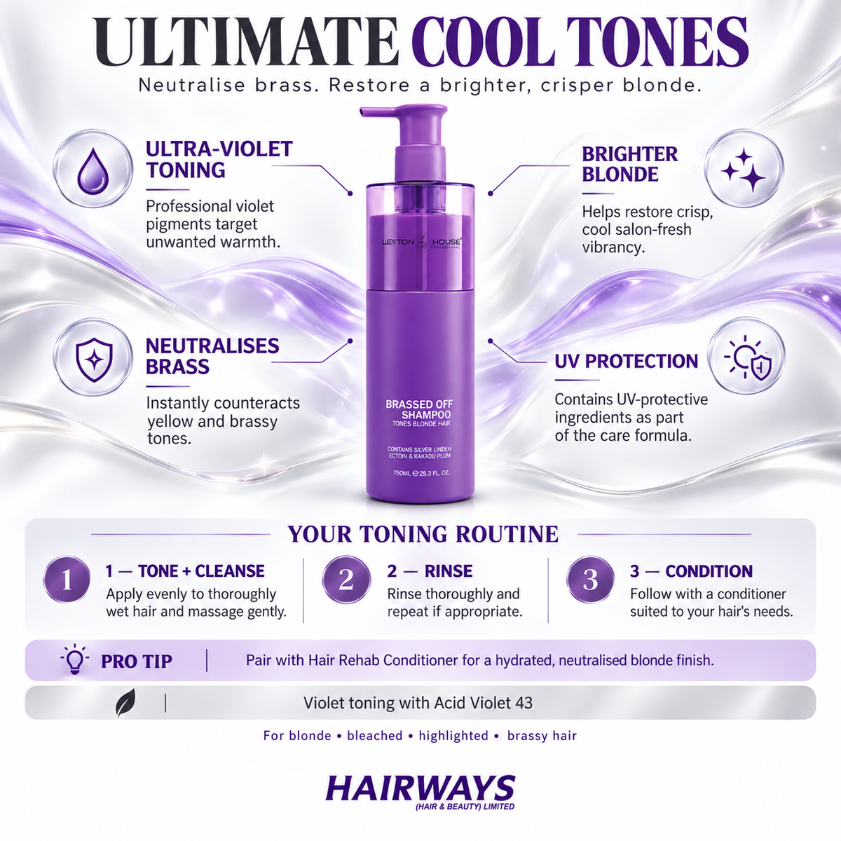 Leyton House Brassed Off Shampoo infographic showing violet toning, brass neutralisation, UV protection and blonde hair use