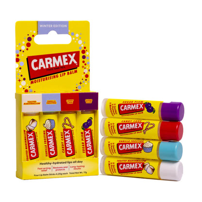 Carmex Winter Edition 4 Pack – Toasted Marshmallow, Vanilla Frosting, Candy Cane & Sugar Plum Lip Balms
