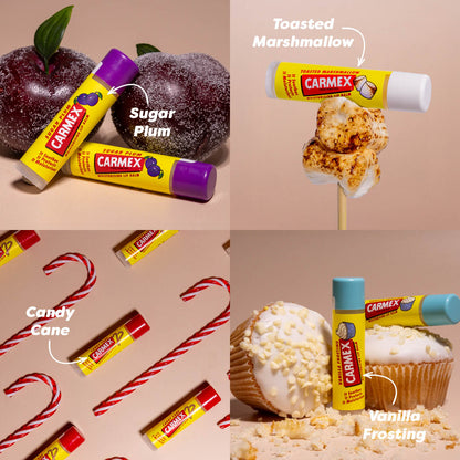 Carmex Winter Edition 4 Pack – Toasted Marshmallow, Vanilla Frosting, Candy Cane & Sugar Plum Lip Balms