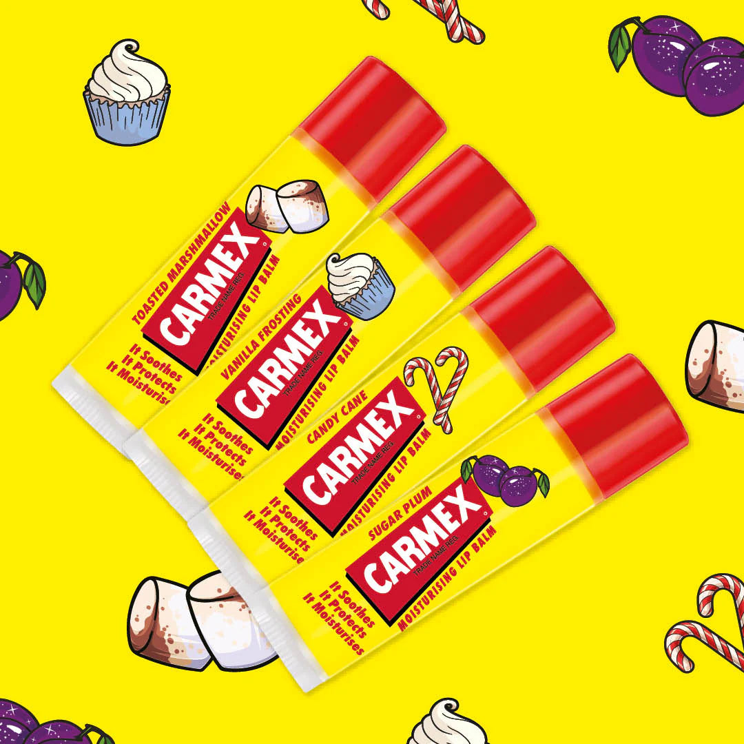 Carmex Winter Edition 4 Pack – Toasted Marshmallow, Vanilla Frosting, Candy Cane & Sugar Plum Lip Balms