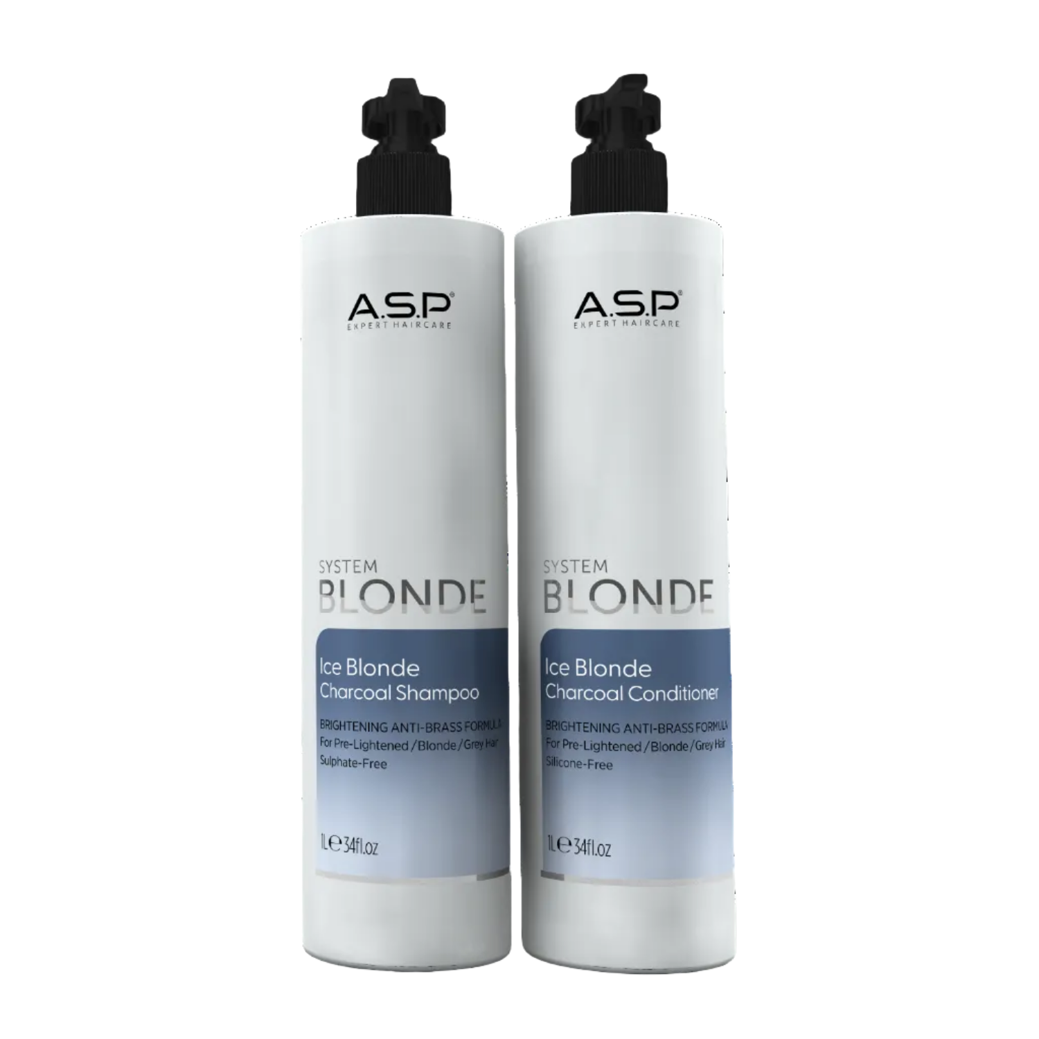 Two bottles of ASP System Blonde Ice Blonde Charcoal Shampoo and Conditioner on a white background