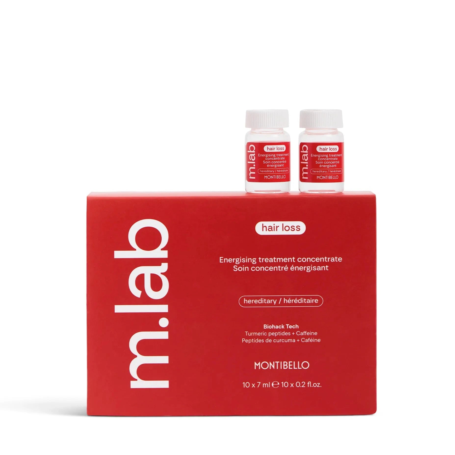 Red m.lab hair loss treatment box with two bottles on a white background