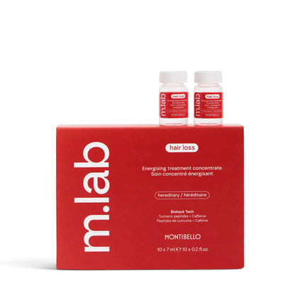 Red m.lab hair loss treatment box with two bottles on a white background