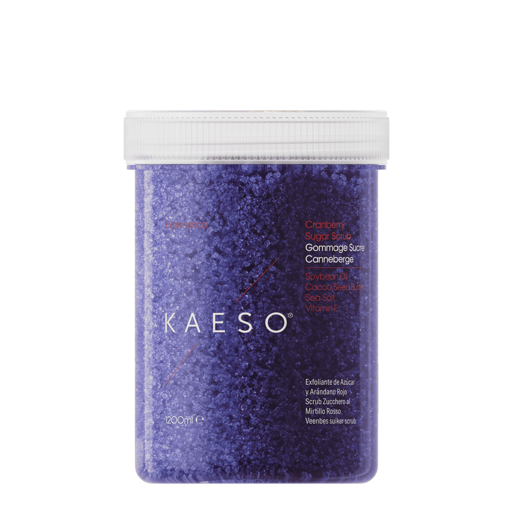 A 1200ml jar/tub of Kaeso Cranberry Rosemary hair scrub, featuring a translucent purple container filled with coarse purple crystals and a white screw cap, on a solid white background.