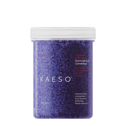 A 1200ml jar/tub of Kaeso Cranberry Rosemary hair scrub, featuring a translucent purple container filled with coarse purple crystals and a white screw cap, on a solid white background.