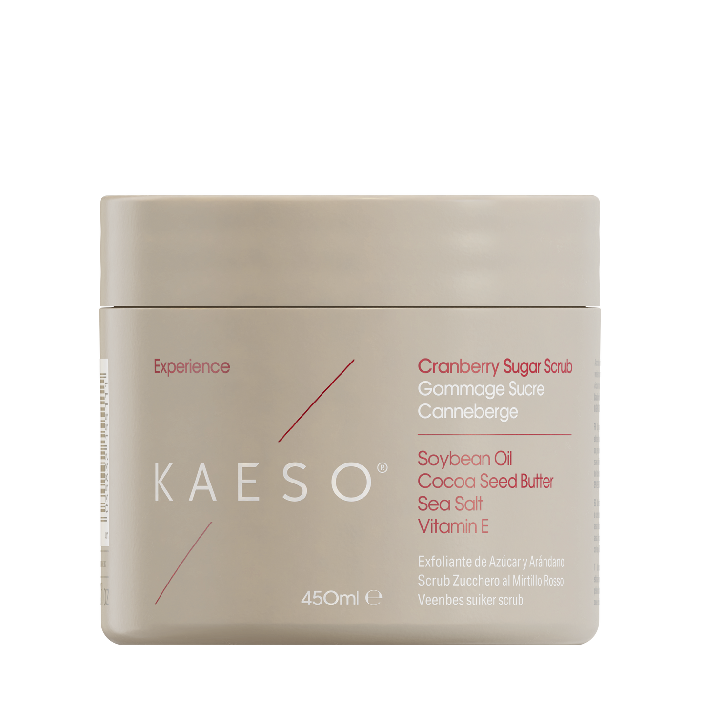 KAESO Experience Mandarin Sugar Soap jar in a matte beige color, featuring red and white text detailing the ingredients and product type, set against a plain white background.