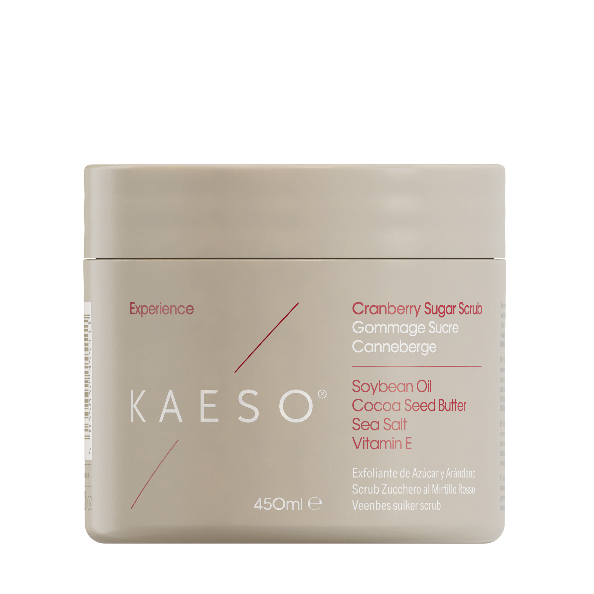 KAESO Experience Mandarin Sugar Soap jar in a matte beige color, featuring red and white text detailing the ingredients and product type, set against a plain white background.