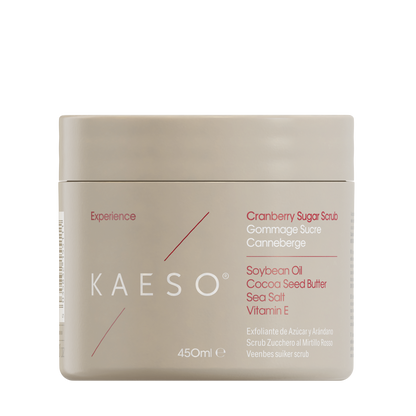 KAESO Experience Mandarin Sugar Soap jar in a matte beige color, featuring red and white text detailing the ingredients and product type, set against a plain white background.