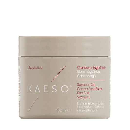 KAESO Experience Mandarin Sugar Soap jar in a matte beige color, featuring red and white text detailing the ingredients and product type, set against a plain white background.