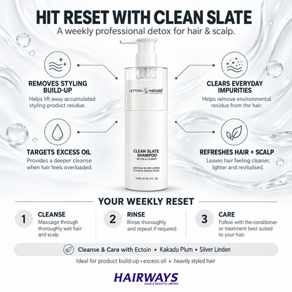 A promotional infographic for Hairways Hit Reset with Clean Slate weekly professional detox shampoo. The image features a white bottle of the shampoo centered on a white background with water splash graphics.