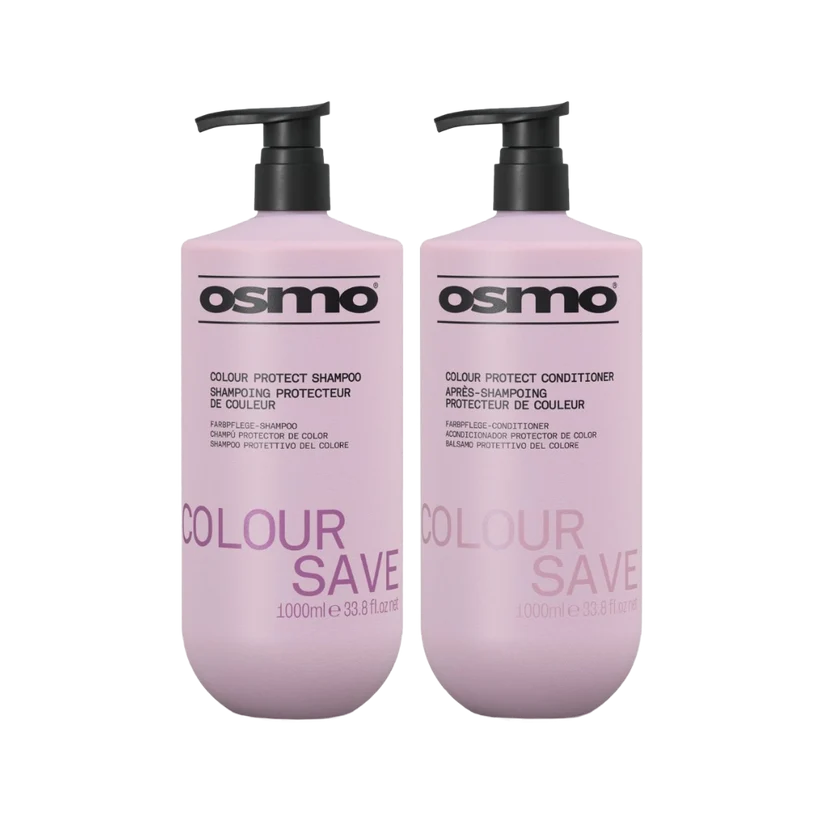 Two pink Osmo Colour Protect Care bottles on a white background, one for shampoo and one for conditioner, both with black pump dispensers.