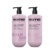Two pink Osmo Colour Protect Care bottles on a white background, one for shampoo and one for conditioner, both with black pump dispensers.
