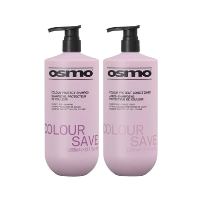 Two pink Osmo Colour Protect Care bottles on a white background, one for shampoo and one for conditioner, both with black pump dispensers.