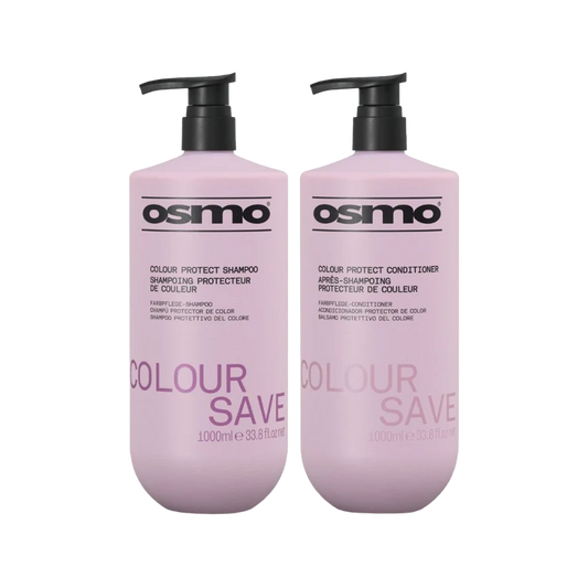 Two pink Osmo Colour Protect Care bottles on a white background, one for shampoo and one for conditioner, both with black pump dispensers.