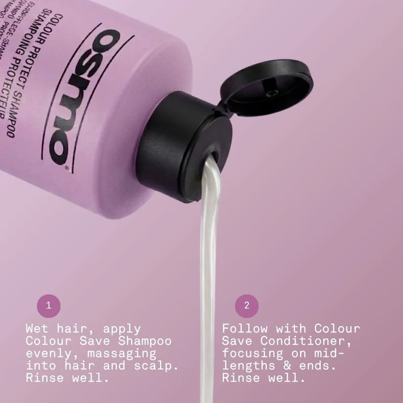 Osmo shampoo bottle with liquid being poured on a pink background