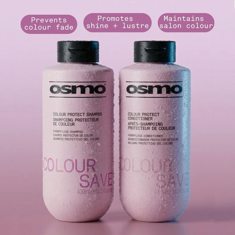 Two Osmo Colour Protect Shampoo and Conditioner bottles in a pale pink shade with black caps, shown on a matching pink gradient background with three purple text callouts at the top.