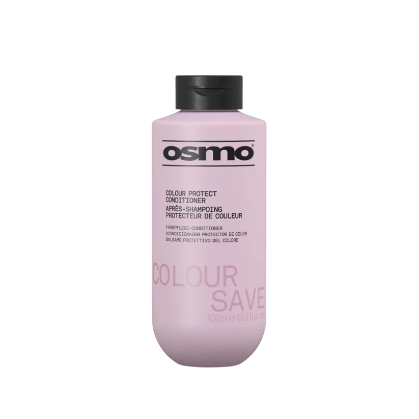 A bottle of Osmo Colour Protect Conditioner in a light pink shade, featuring a black cap and black text on a clean white background.