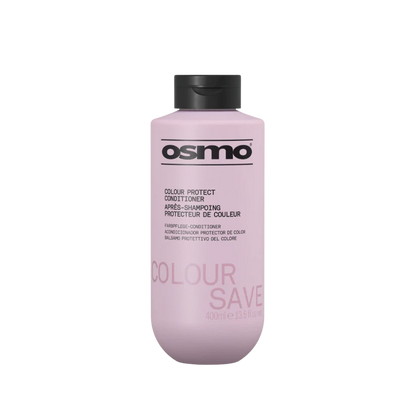 A bottle of Osmo Colour Protect Conditioner in a light pink shade, featuring a black cap and black text on a clean white background.