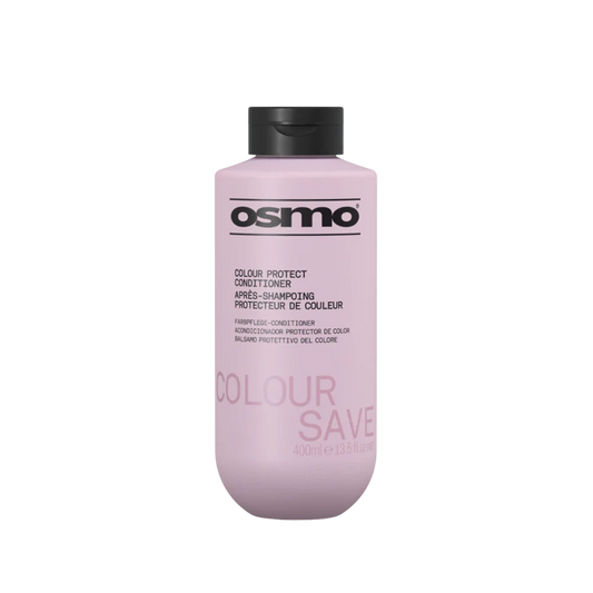 A bottle of Osmo Colour Protect Conditioner in a light pink shade, featuring a black cap and black text on a clean white background.